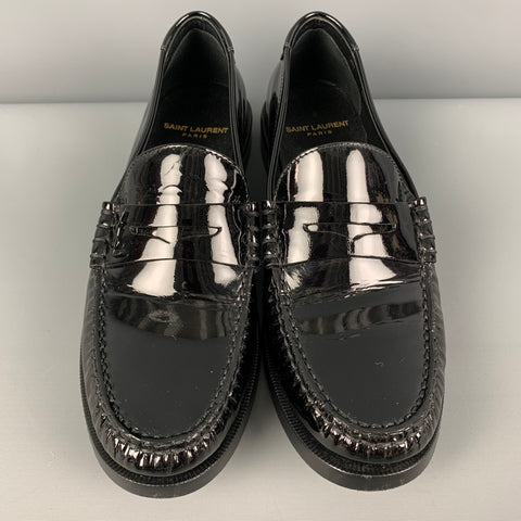 SAINT LAURENT Talla 7.5 Mocasines Penny con monograma de charol negro