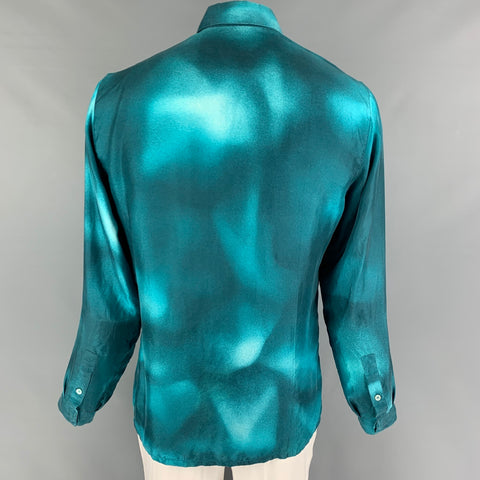 VERSACE Size M Green Print Silk Hidden Placket Long Sleeve Shirt