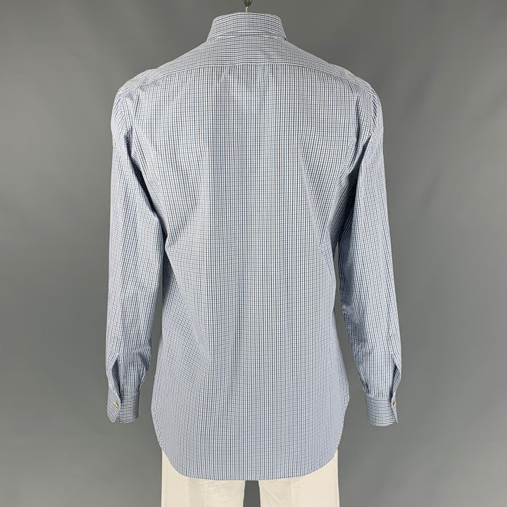 KITON Size XL White, Blue & Grey Checkered Cotton Button Down Long Sleeve Shirt