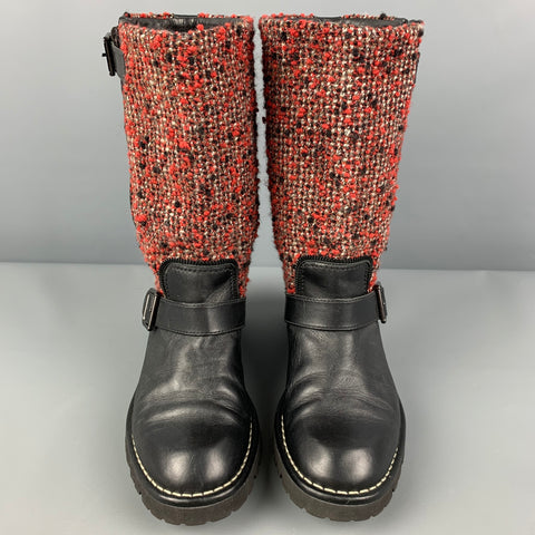 CHANEL Talla 8 Botas sin cordones de materiales mixtos de tweed burdeos negro
