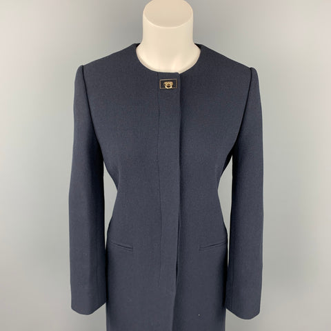 SALVATORE FERRAGAMO Talla 4 Abrigo con botones ocultos sin cuello de lana / seda azul marino