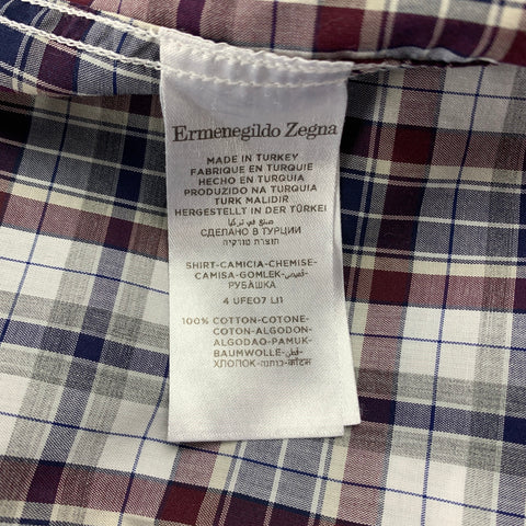 ERMENEGILDO ZEGNA Size XL White & Navy  Plaid Cotton Long Sleeve Shirt