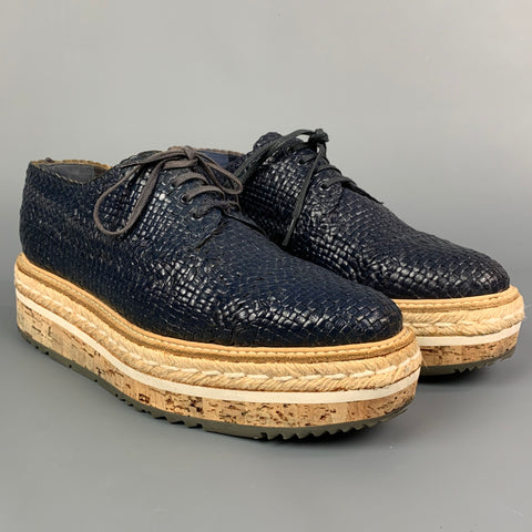 PRADA Size 10 Navy Woven Leather Cork Platform Dress Shoes
