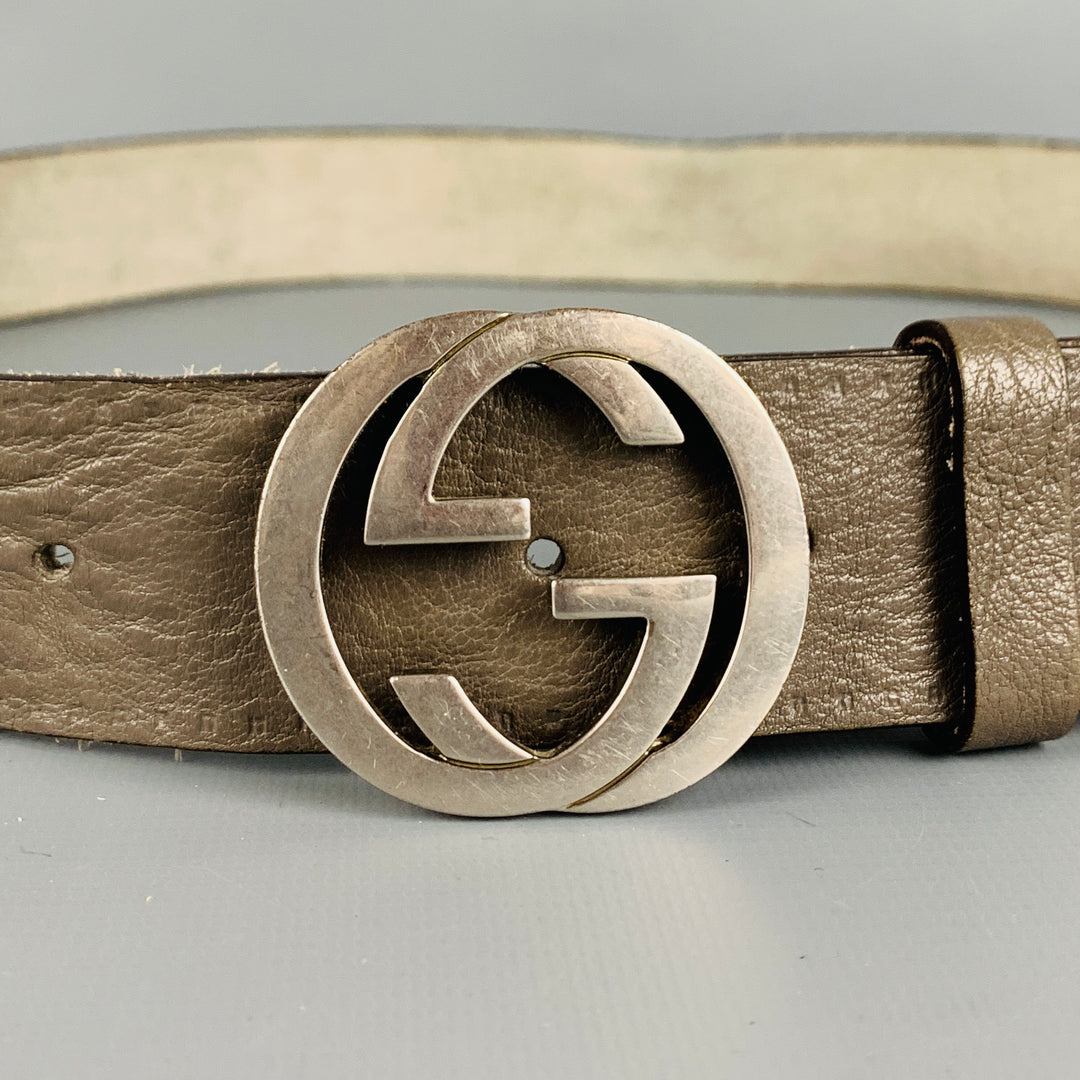 GUCCI Size 38 Grey Silver Monogram Leather Belt