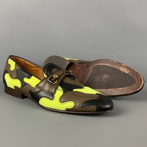 DONALD J PLINER Size 8.5 Green Black Brown Camo Leather Slip On Loafers