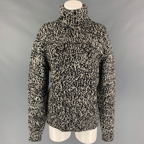 SAINT LAURENT Talla S Suéter de cuello alto Donegal de lana blanca negra