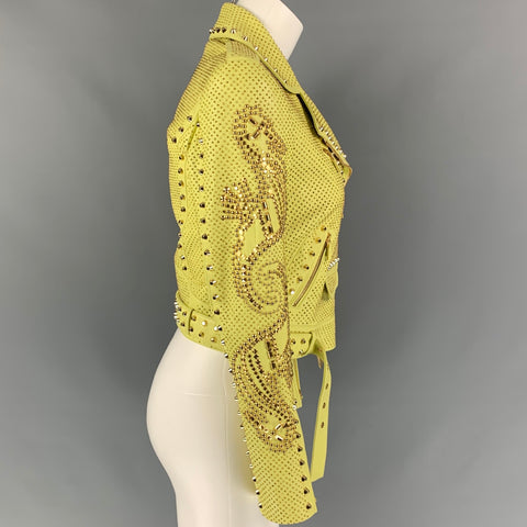 VERSACE Spring 2012 Size 2 Yellow & Gold Studded Leather Biker Jacket
