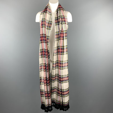 YVES SAINT LAURENT Cream Multi Color Plaid Taffeta Fringe Shawl