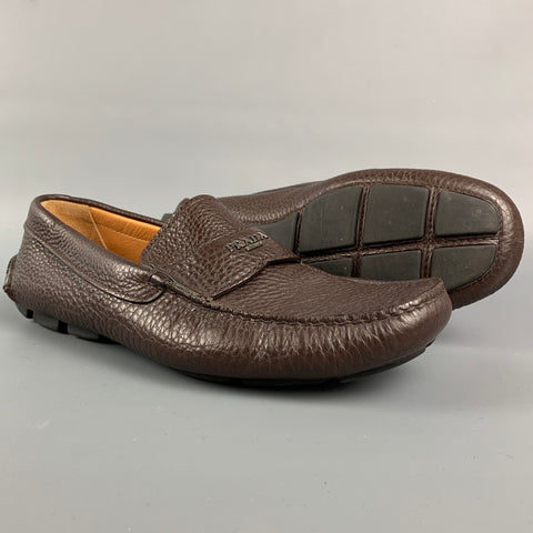 PRADA Size 7 Brown Textured Leather Drivers Loafers