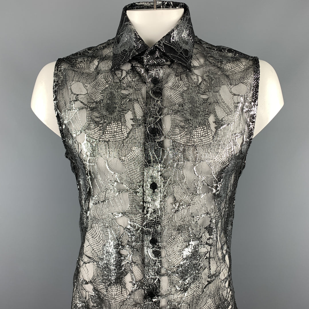 Vintage GIANNI VERSACE Size XXL Silver & Black Lace Silk Blend Button Up Sleeveless