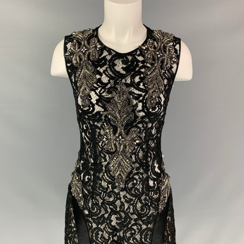 ALBERTA FERRETTI Size M Black Lace Beaded Sleeveless Dress