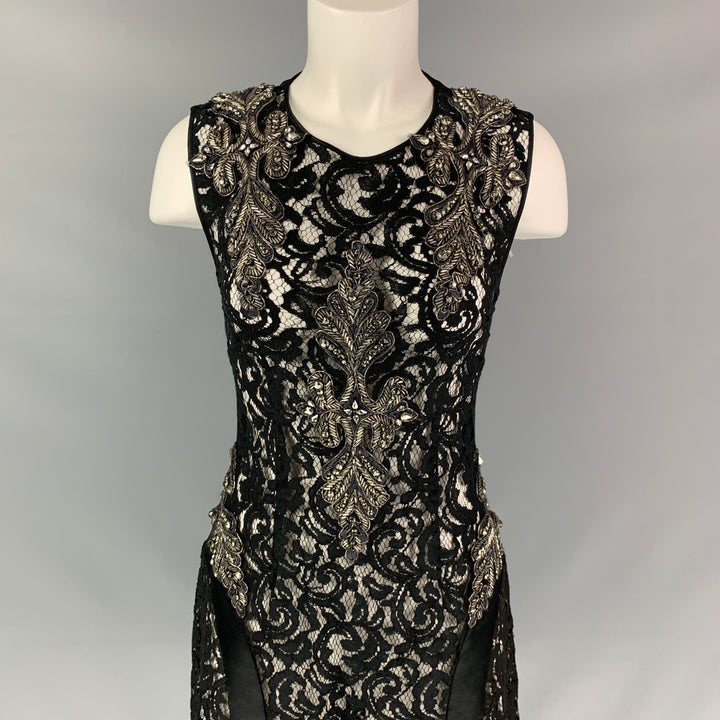 ALBERTA FERRETTI Size M Black Lace Beaded Sleeveless Dress