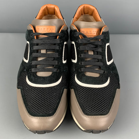 BALLY Size 10 Taupe Black Mixed Materials Suede Sneakers