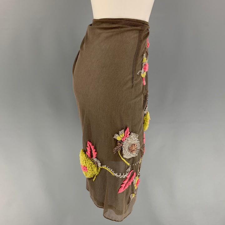DRIES VAN NOTEN Size 6 Taupe Multi-Color Cotton Acrylic Embroidered Wrap Skirt