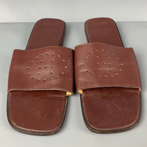 HERMES Size 12 Brown Perforated Leather Slip On Sandals
