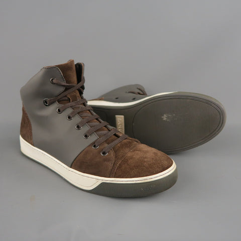 LANVIN Talla 8 Zapatillas altas de ante marrón y goma gris