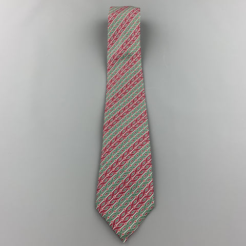 HERMES Green & Burgundy Gray Striped Pattern Silk Tie 974 SA