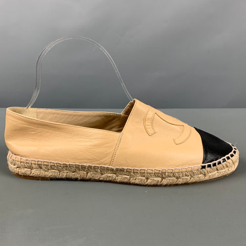 CHANEL Talla 11 Alpargatas de piel de cordero de cuero negro beige