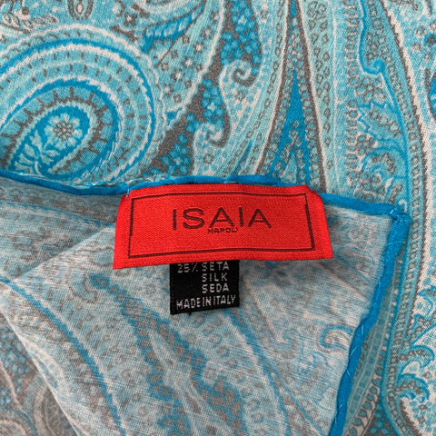 ISAIA Turquoise Taupe Paisley Cotton Silk Pocket Square