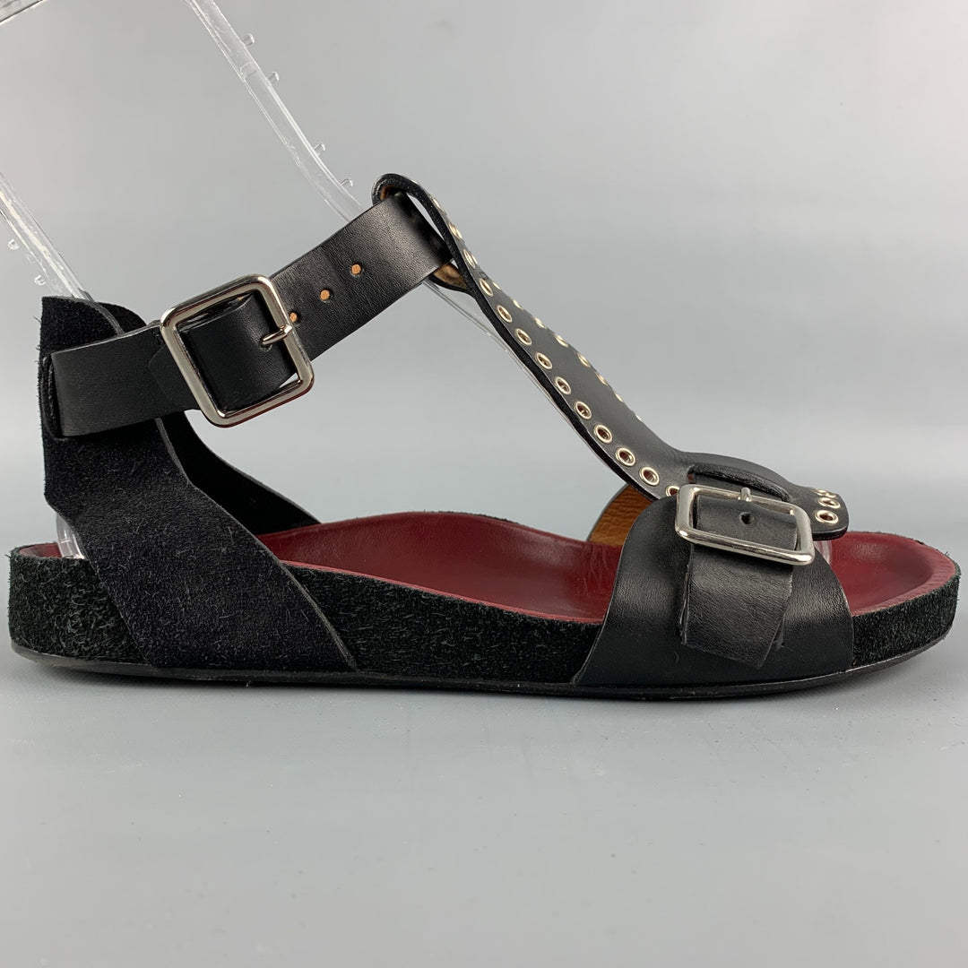 ISABEL MARANT Size 8 Black & Silver Leather Suede T-strap Flats