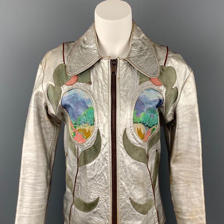 Vintage EAST WEST MUSICAL INSTRUMENTS Janti Size XL Silver Hand Painted Applique Zip Up Jacket