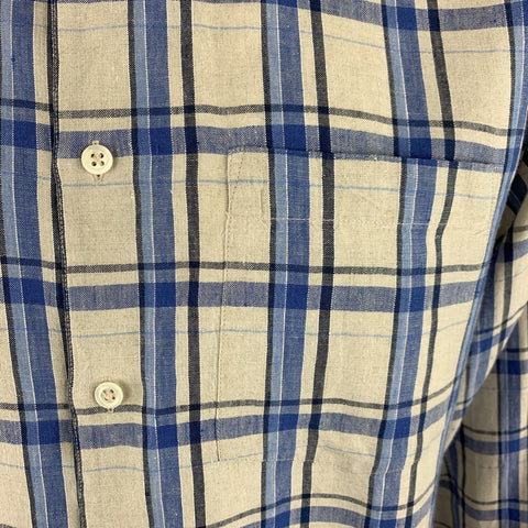 MARGARET HOWELL Size XL Grey & Blue Plaid Linen Button Up Long Sleeve Shirt
