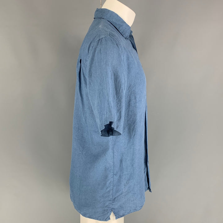 BRANDINI Size S Blue Linen Short Sleeve Shirt