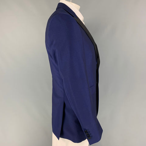 BURBERRY LONDON Size 40 Regular Royal Blue Black Wool Peak Lapel Sport Coat