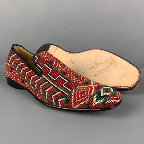 DONALD J PLINER Size 9 Red Navy Green Beaded Leather Slip On Loafers
