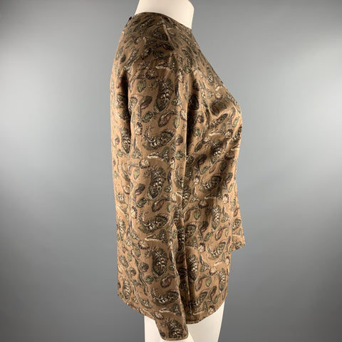 JOSEPH ABBOUD Talla 12 Blusa de seda con estampado de plumas marrón