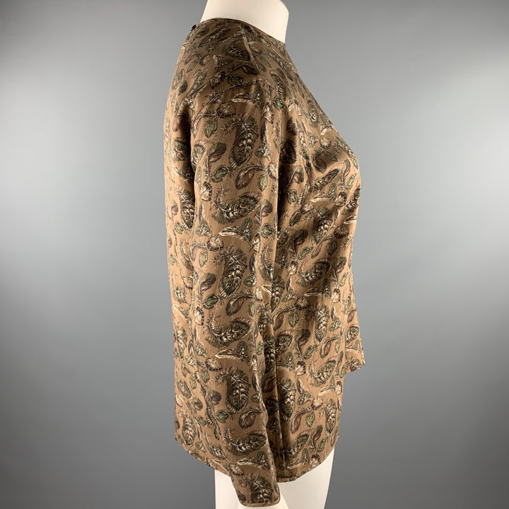 JOSEPH ABBOUD Size 12 Brown Feather Print Silk Blouse