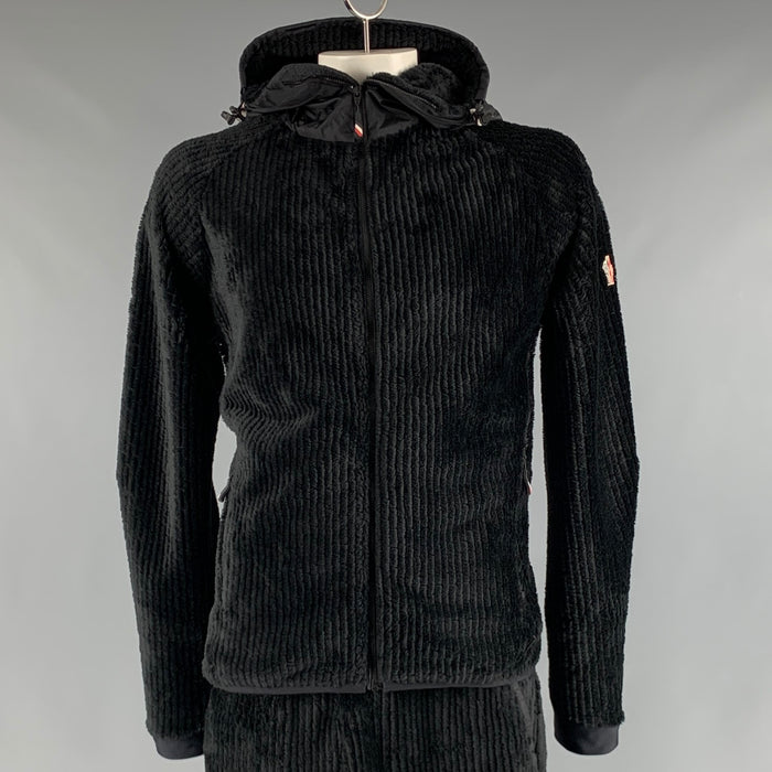 MONCLER Size L Black Corduroy Polyester Elastane Hooded Sweatshirt