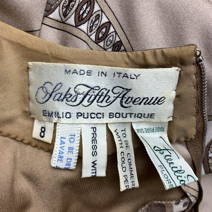 EMILIO PUCCI Vintage Size 8 Taupe Print Silk Long Sleeve Shift Dress
