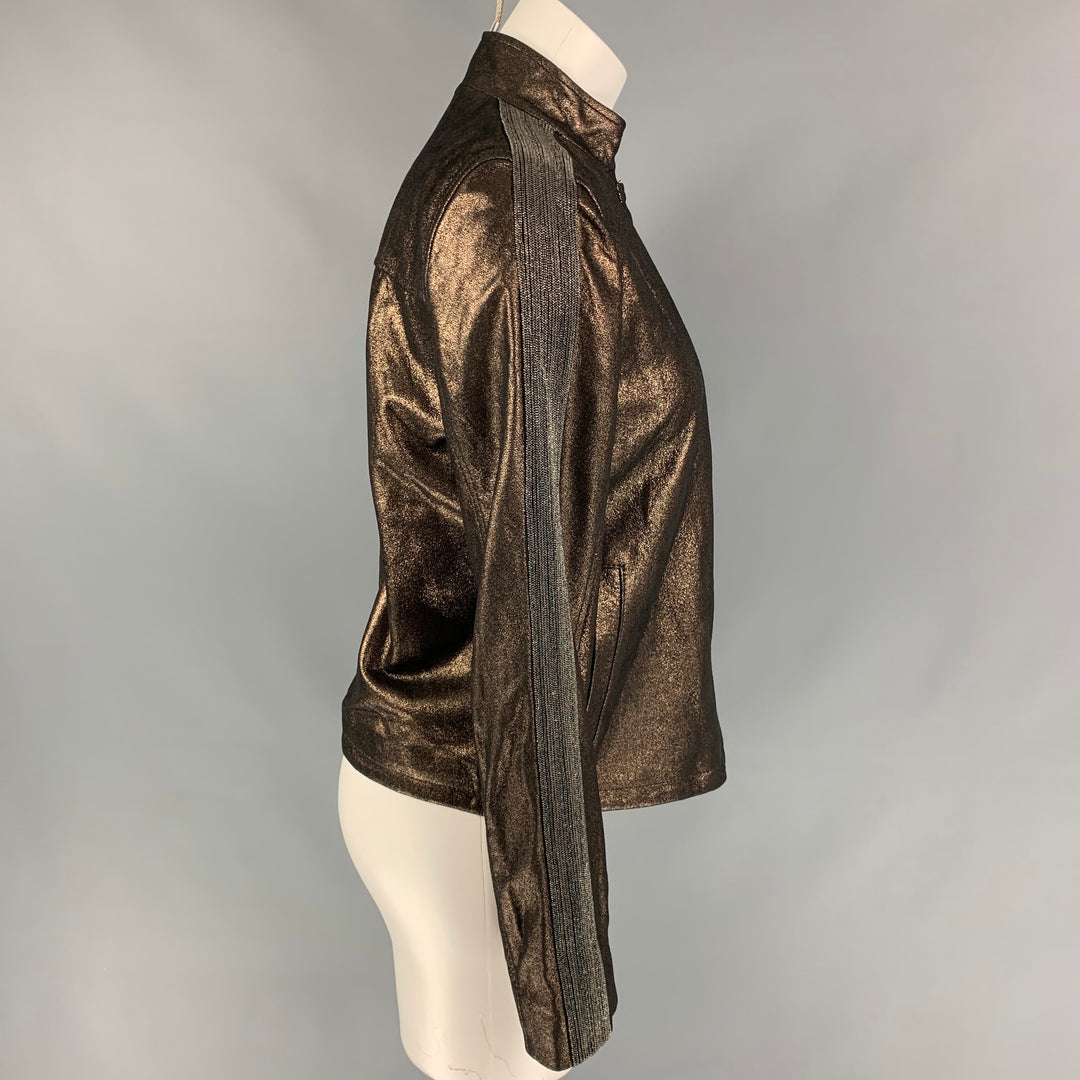 NEIMAN MARCUS The Leather Collection Size S Brown Silver Metallic Leather Jacket