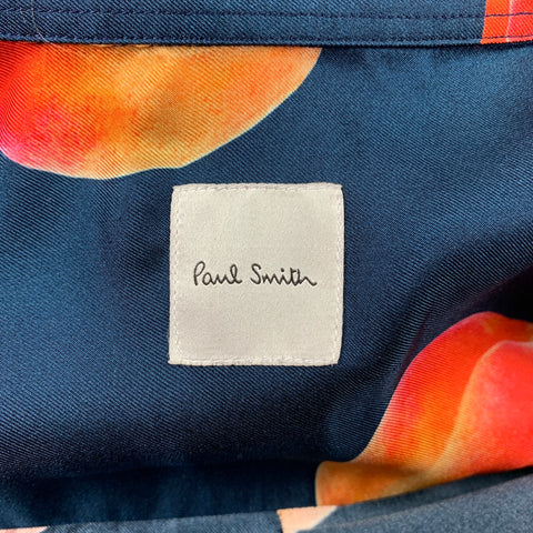 PAUL SMITH Size XL Oversized Navy & Orange Peach Print Silk Shirt