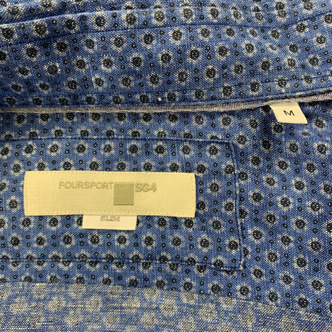FOURSPORT Size S Blue Print Linen Button Up Long Sleeve Shirt