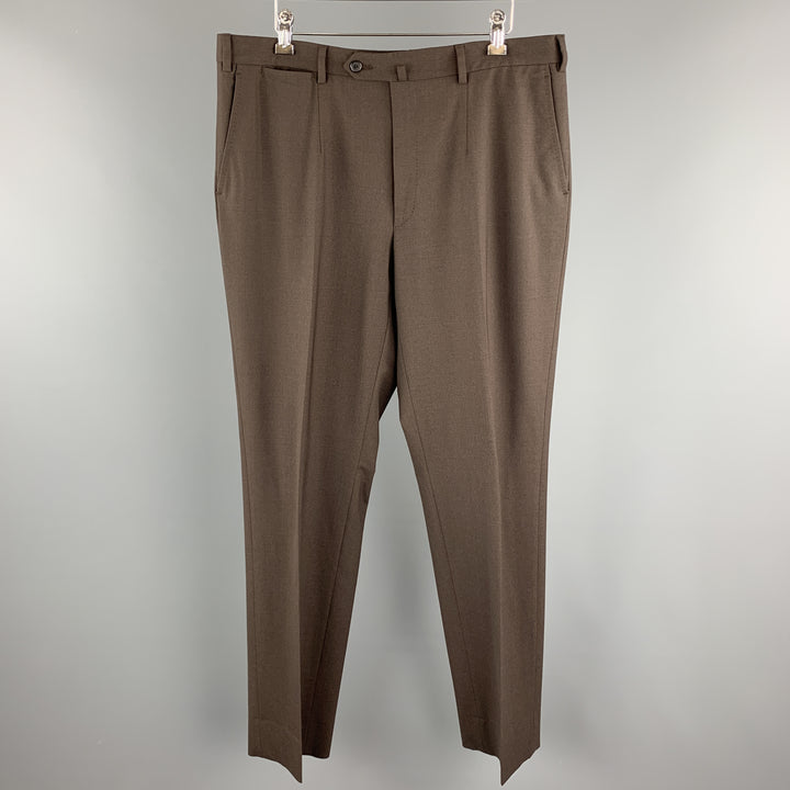 ISAIA Talla 38 Pantalón de vestir de lana marrón con cremallera y lengüeta