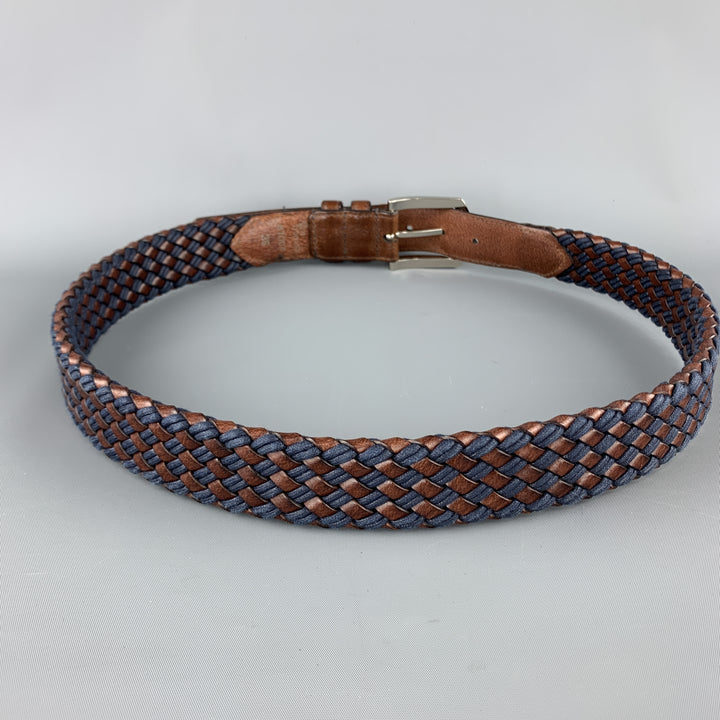 ALLEN EDMONDS Talla 36 Cinturón tejido con hebilla en tono plateado de cuero marrón y azul