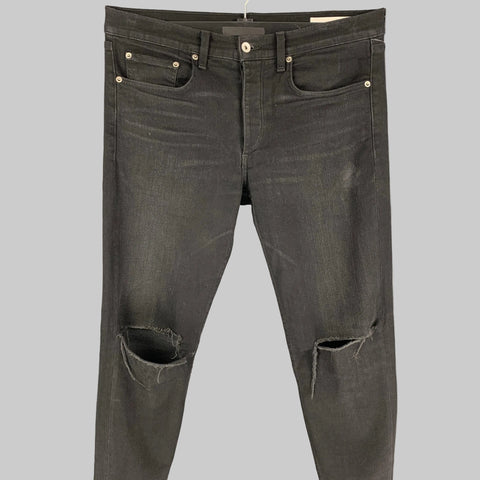 RAG & BONE Size 33 Black Distressed Cotton Polyurethane Slim Button Fly Jeans