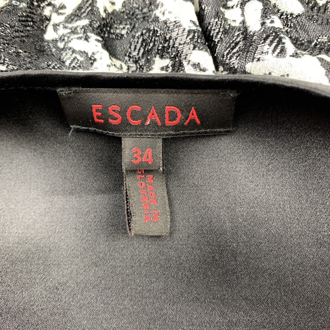ESCADA Size 4 Black & White Metallic Houndstooth Silk Collarless Zip Blouse