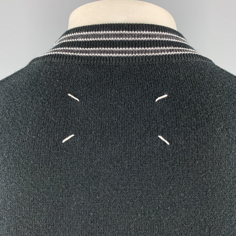 MAISON MARGIELA Size L Black Distressed Cotton Blend Contrast Stripe Trim Pullover Sweater