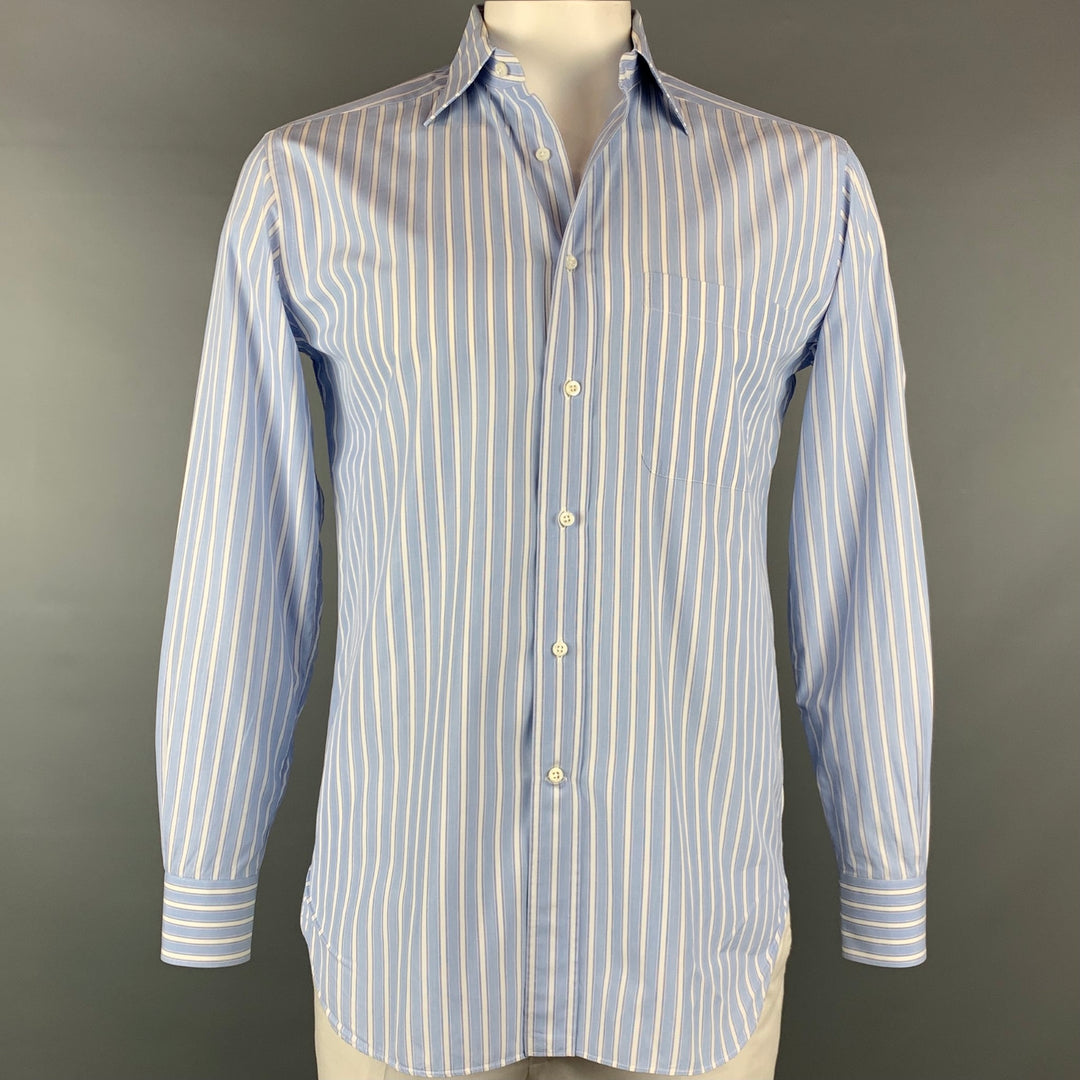 ERMENEGILDO ZEGNA Talla XL Camisa de manga larga de algodón a rayas azul claro y blanca