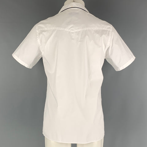 OFFICINE GENERALE Size M White Navy Solid Cotton Camp Short Sleeve Shirt