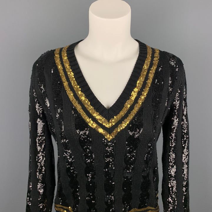 RALPH LAUREN Collection Size M Black & Gold Sequined Striped Silk Sweater