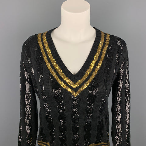 Colección RALPH LAUREN Talla M Suéter de seda a rayas con lentejuelas negras y doradas
