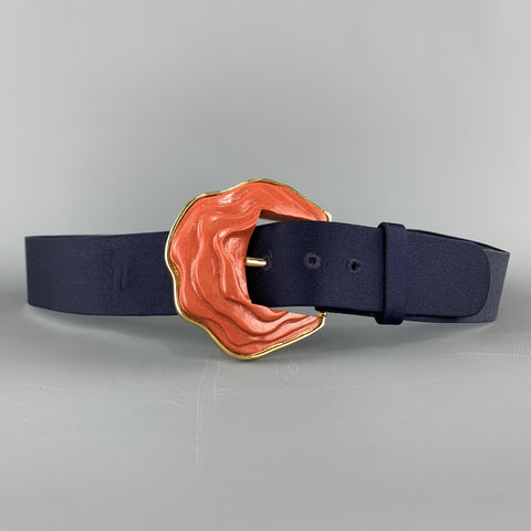 OSCAR DE LA RENTA Size 8 Navy Silk Gold Tone Coral Enamel Buckle Belt