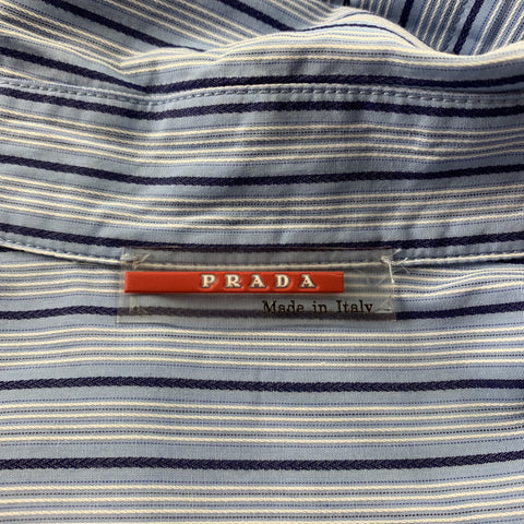 PRADA Size M Blue Stripe Cotton Button Up Short Sleeve Shirt