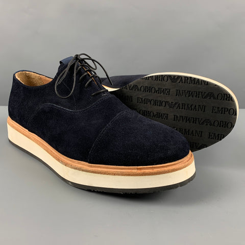 EMPORIO ARMANI Size 11 Navy Solid Leather Platform Lace-Up Shoes