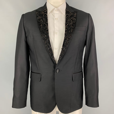 DSQUARED2 Size 42 Black Embroidery Wool Blend Peak Lapel Sport Coat