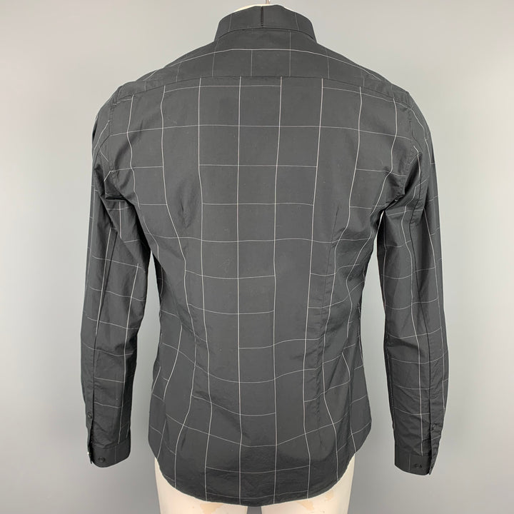 IKKS Size L Black Grid Cotton Button Up Slim Long Sleeve Shirt